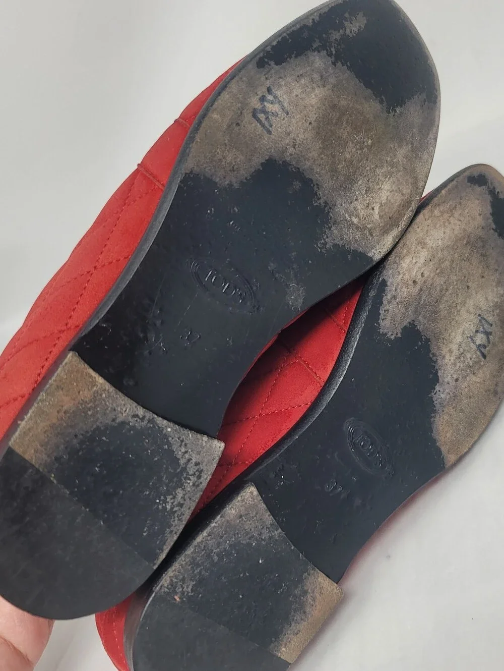Tod's Womens Red Quilted Suede Leather Slip On Flats Loafers Shoes Italy 37 US 7